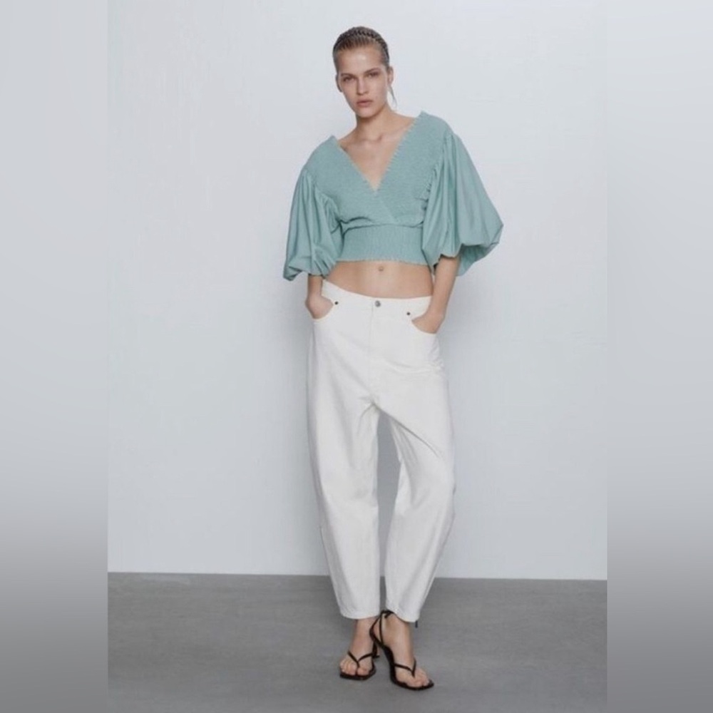 Zara Mint Green Puff Sleeve Top - Size Medium